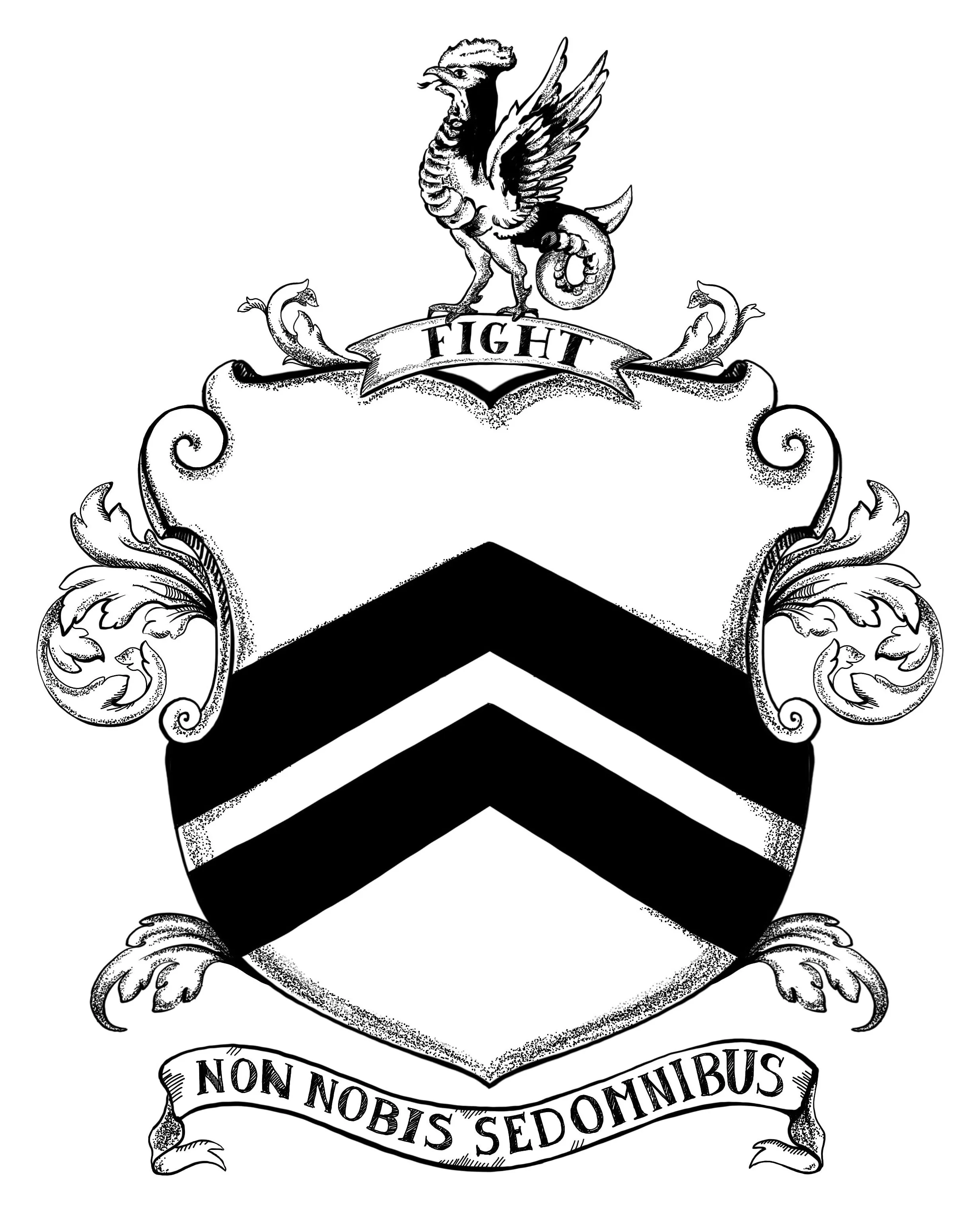 Historical Ashe coat of arms featuring two black chevronels, a cockatrice crest, and the motto Non nobis sed omnibus.