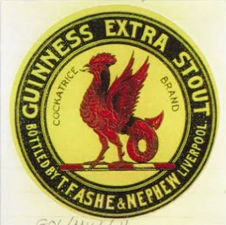 Vintage Guinness Extra Stout Cockatrice Brand label showing a red cockatrice and the name T. F. Ashe & Nephew, Liverpool.