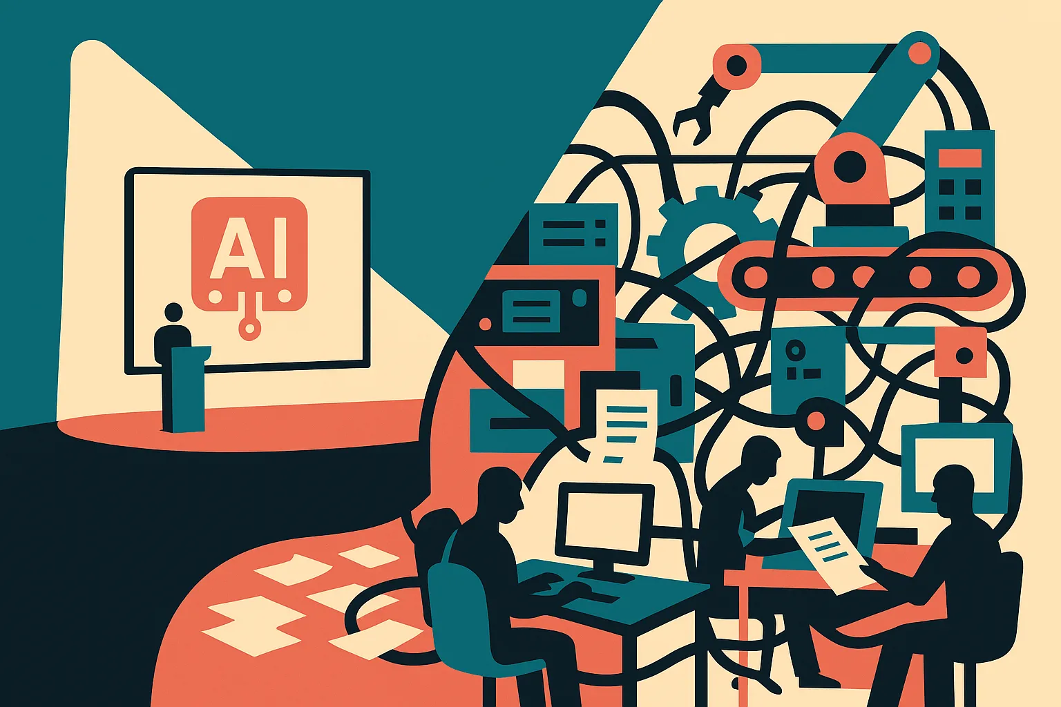 a glossy keynote stage flowing into a tangled factory floor of machines, desks, documents, and human operators, with the