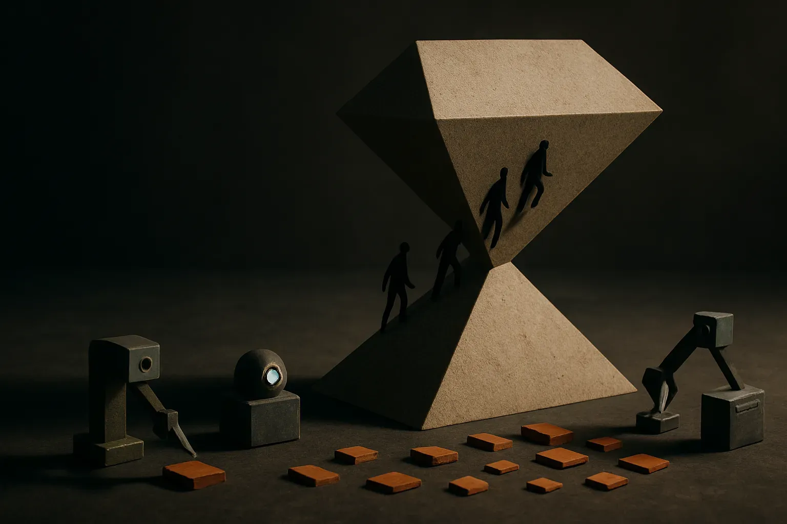 an old narrow pyramid reshaping into a wider diamond, with small human figures moving from the base into the middle whil
