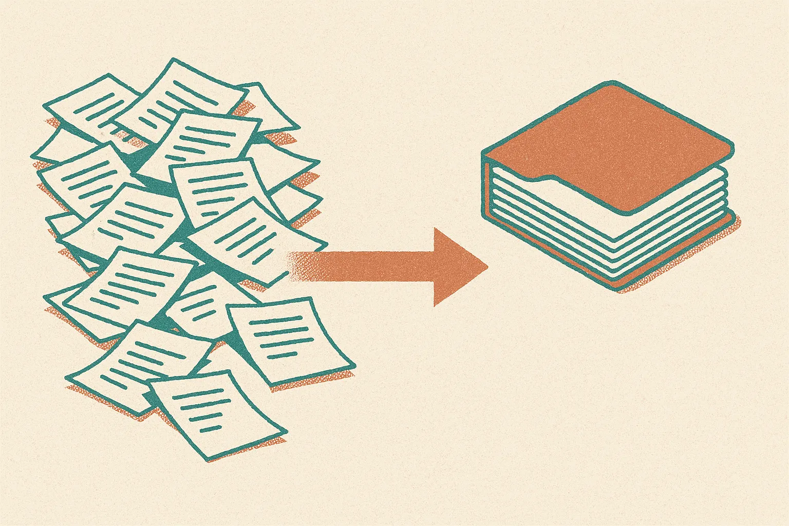 a scattered pile of loose documents on one side funneling into a single clean stacked folder on the other