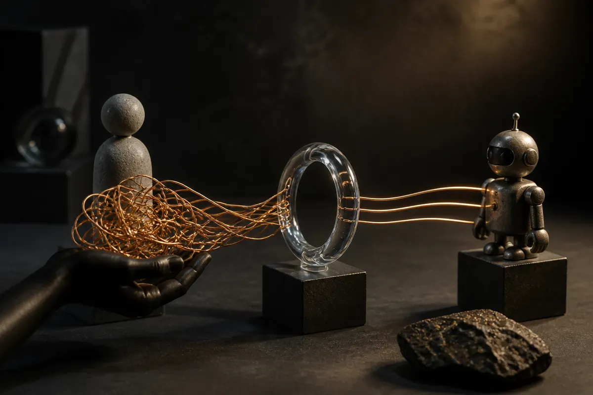 one person handing a tangled instruction path to both a human figure and a small robot figure, with the path becoming cl