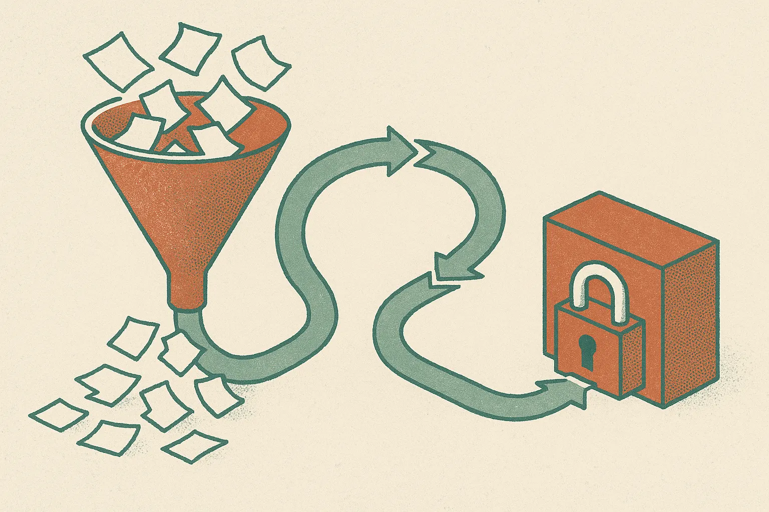funnel of many rough experiment attempts flowing into a feedback loop that redirects some attempts toward a protected fi