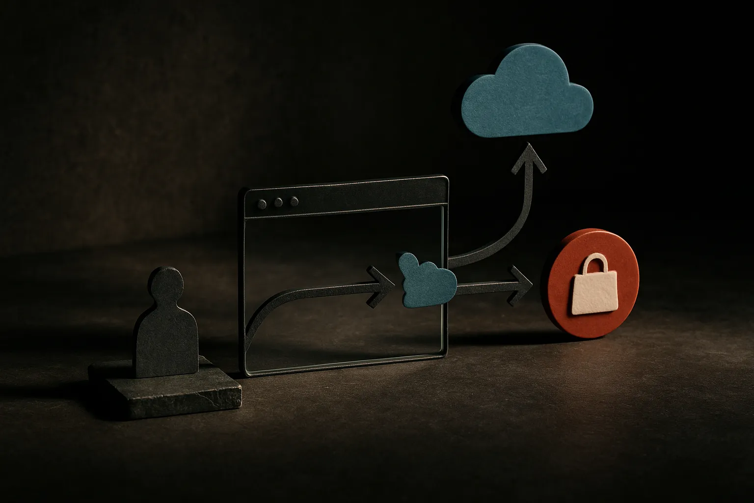 two paths from a person to a brand, one visible through a browser window and one hidden through an AI assistant cloud be