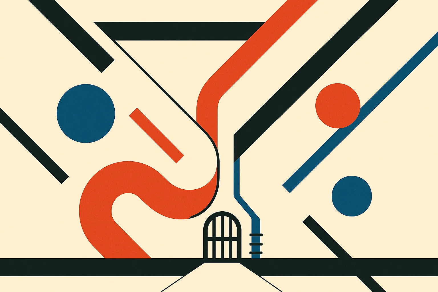 a single funnel splitting into two distinct chambers, one wide and organic, one narrow and mechanical, feeding a single 