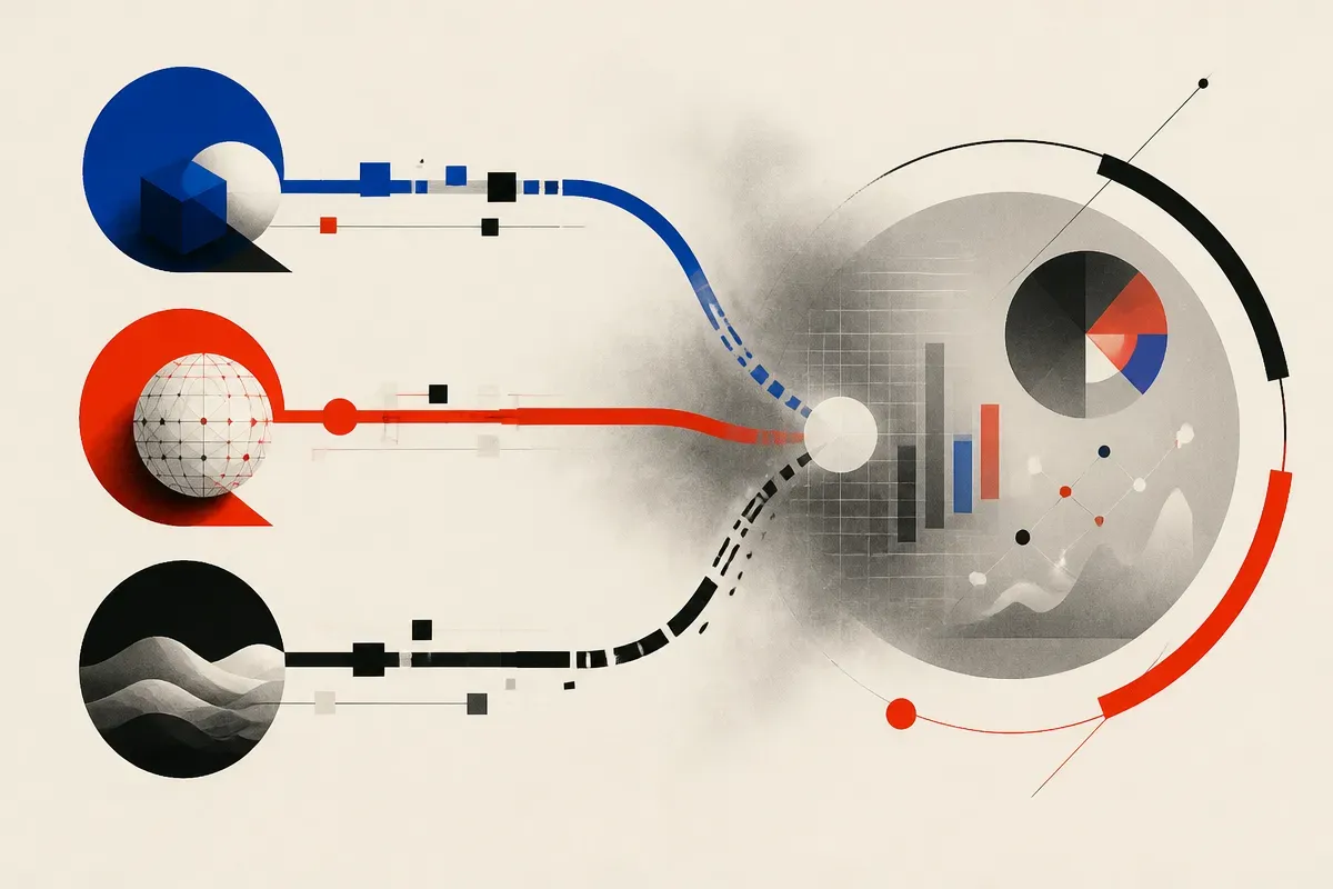 three separate search surfaces feeding into a foggy analytics dashboard, with some paths clear and some broken