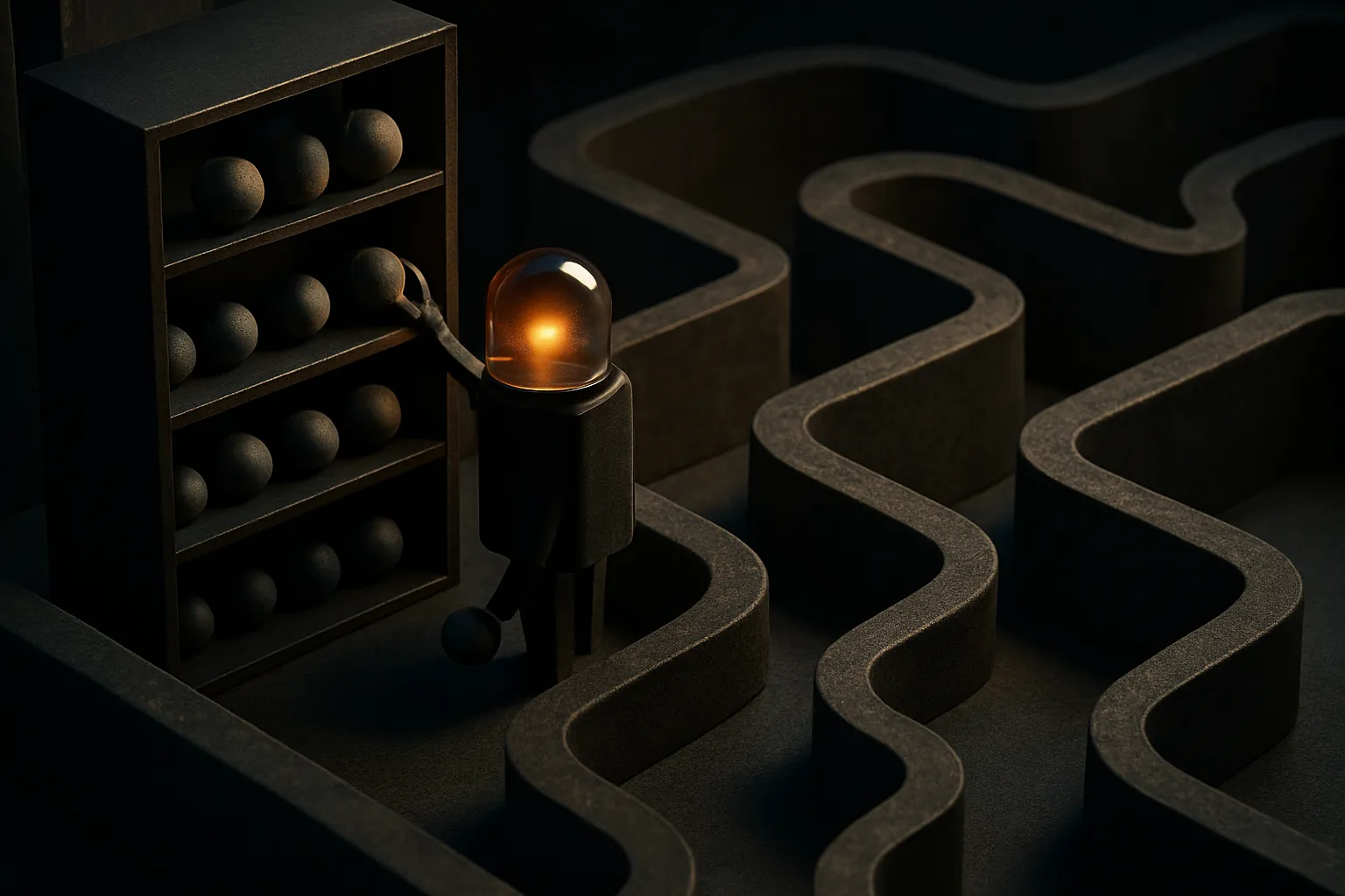 an agent moving through a winding maze while placing small objects onto organized shelves, then later retrieving one obj