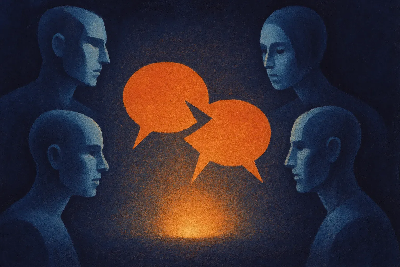 four stylized synthetic personas facing inward around a shared glowing space, with speech shapes colliding instead of me