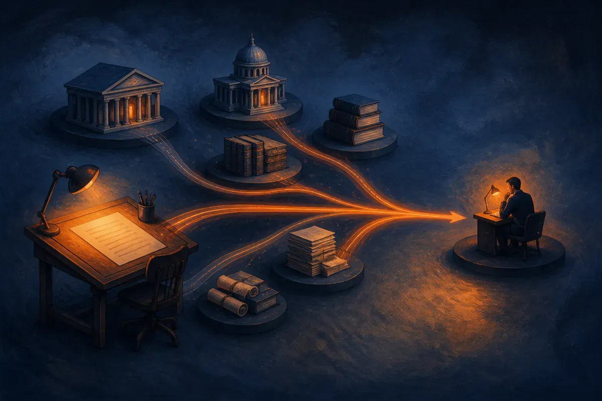 one drafting desk connected to several trusted legal sources, all feeding into a single review path with a human at the 
