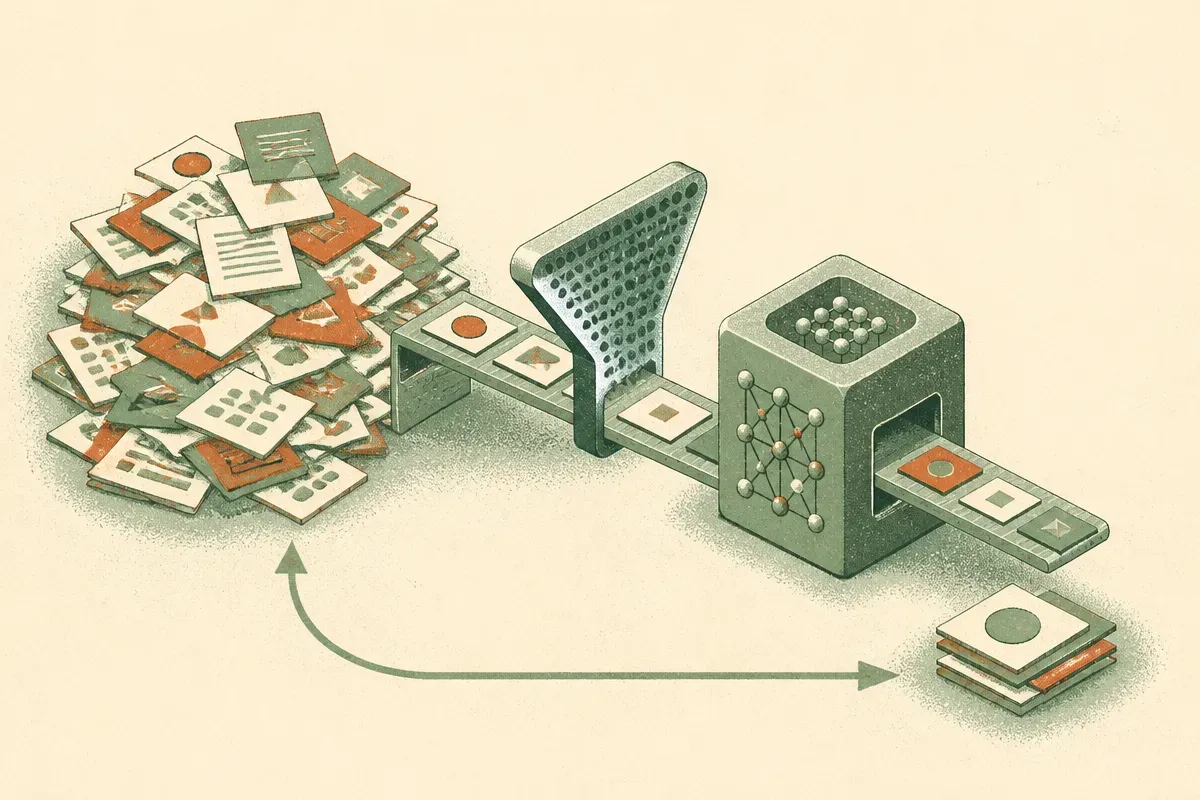 a messy pile of cards narrowing through a filter into a few cards entering a compact model, with model outputs looping b