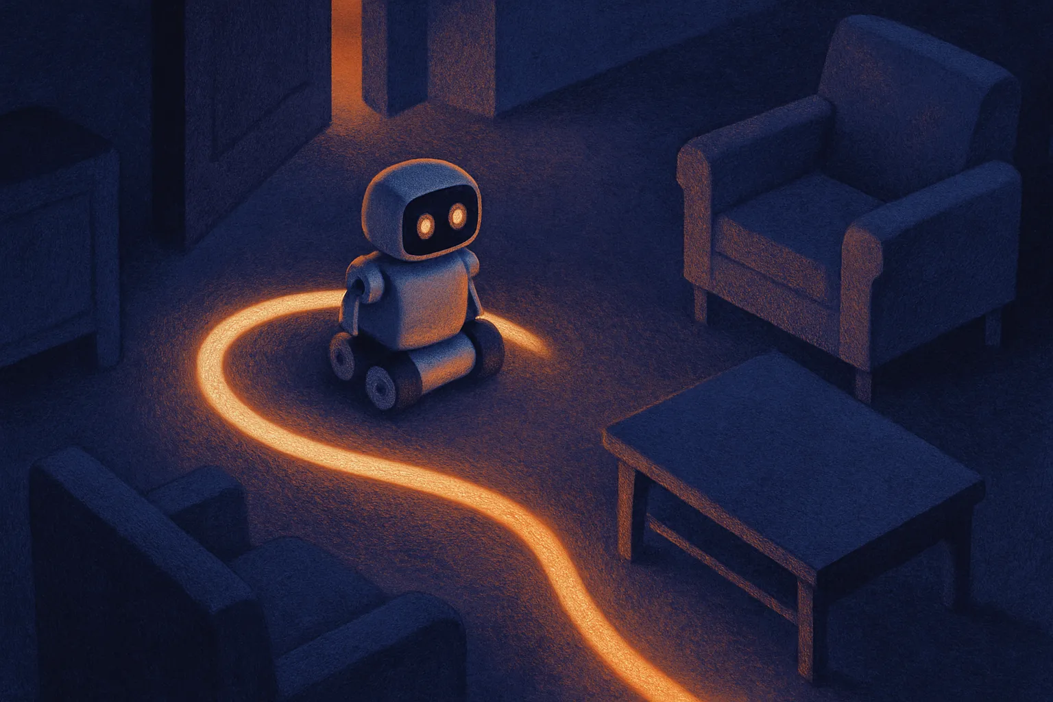 a small robot moving through a house following a glowing path that curves around furniture, seen from above