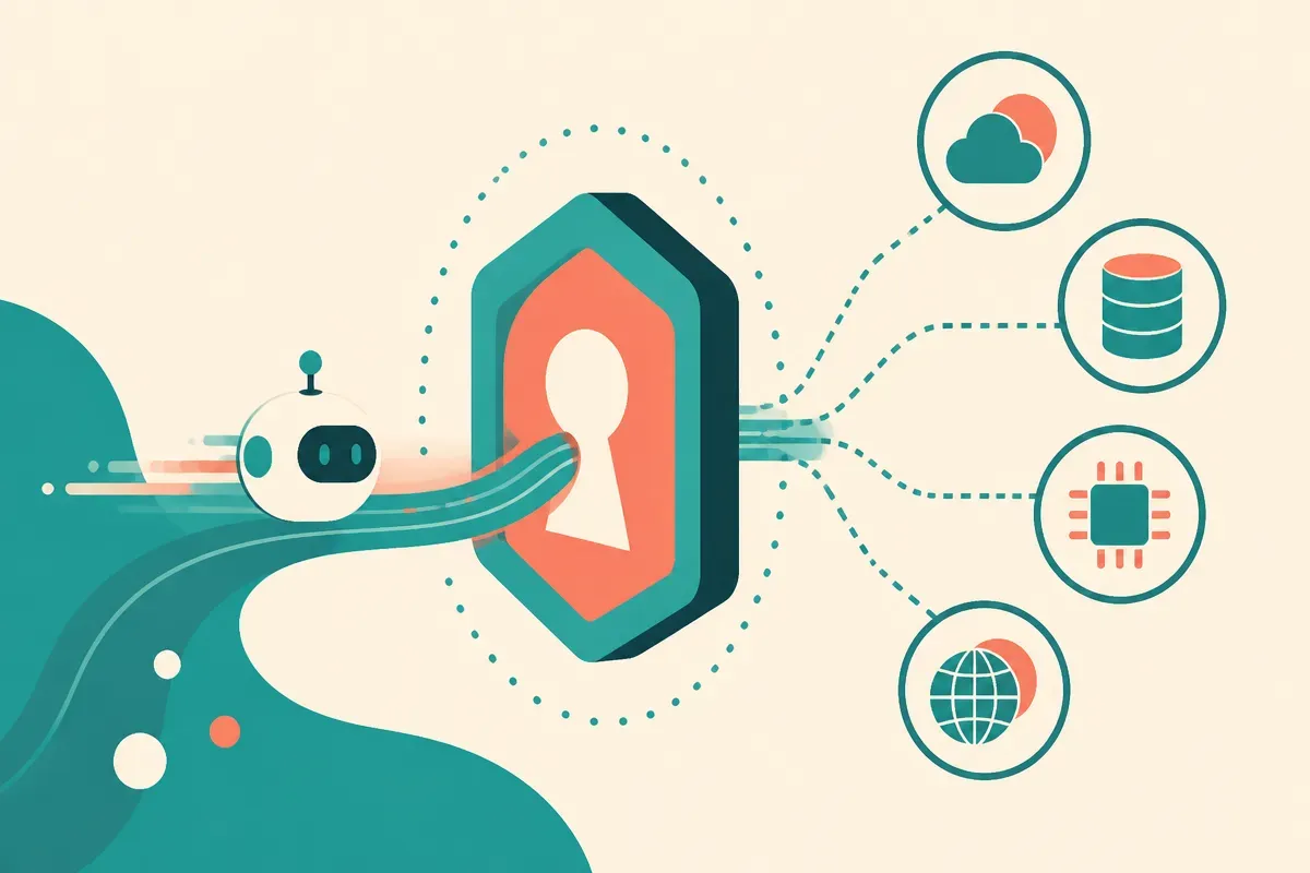 a small software agent passing through a domain-shaped identity gateway before reaching several external services