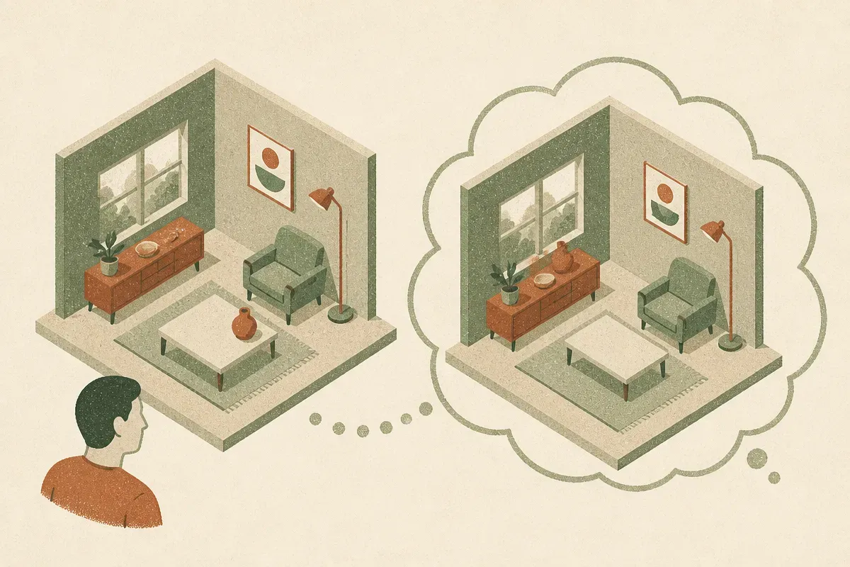 a scene observed from one angle, then a mental reconstruction of the same scene after an object has been moved, shown as