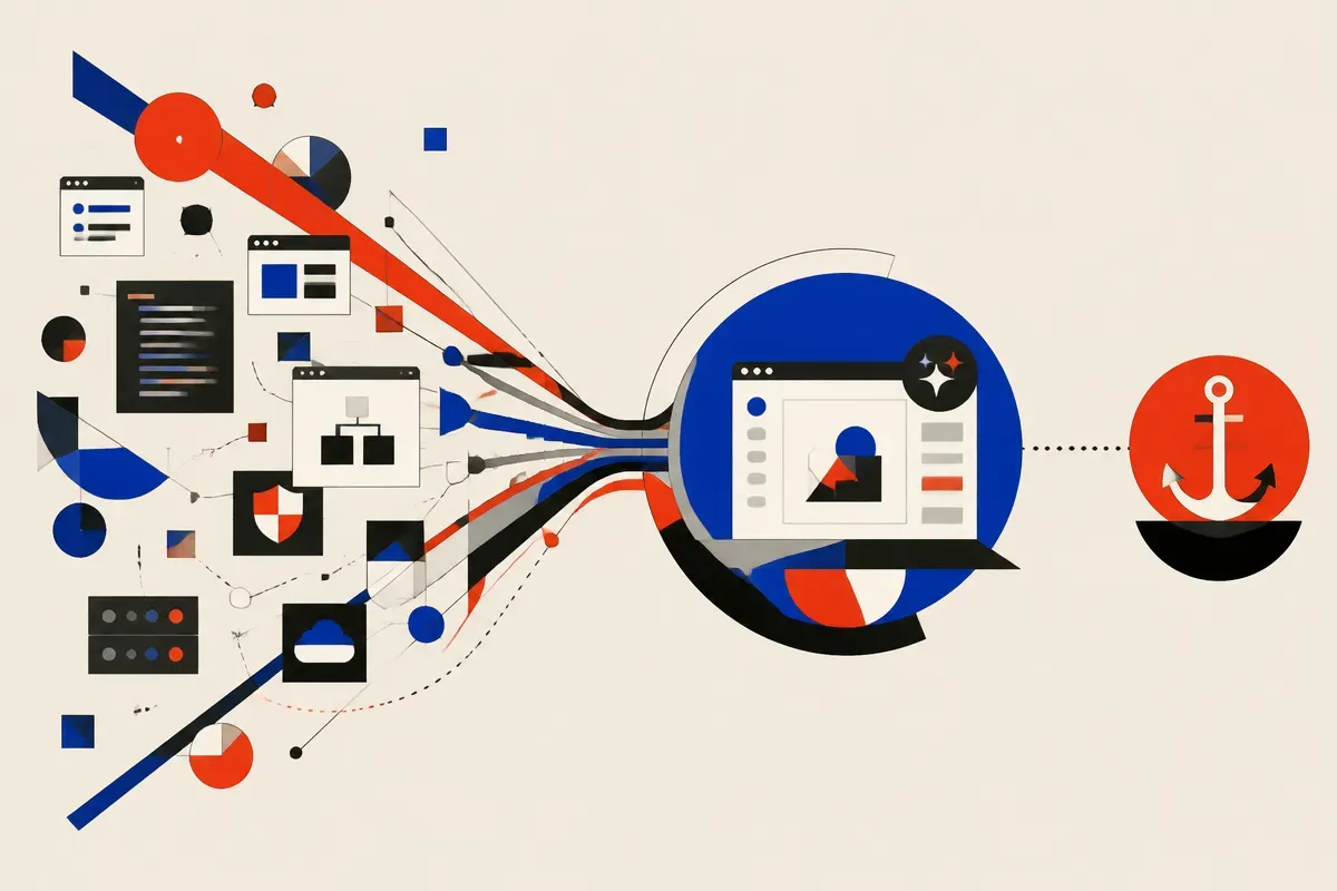 a messy chain of separate web setup tasks narrowing into one AI-assisted workspace, with a distinct domain-shaped anchor