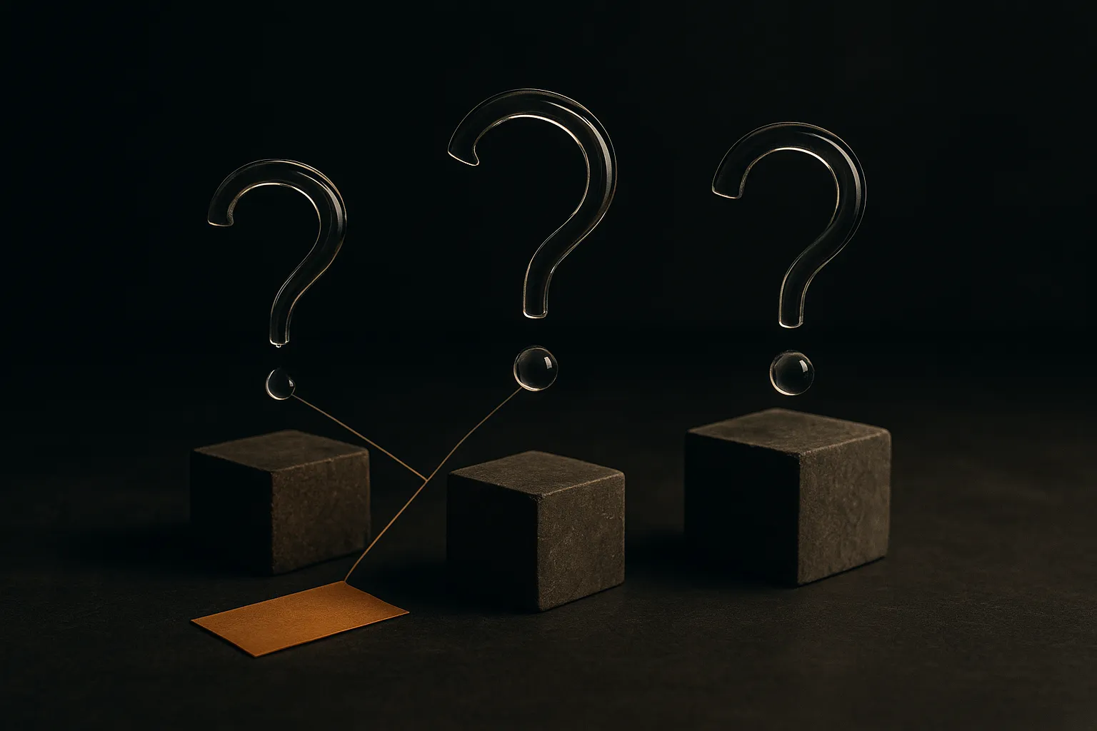 a single short phrase splitting into three separate question marks, each floating over a different empty pedestal