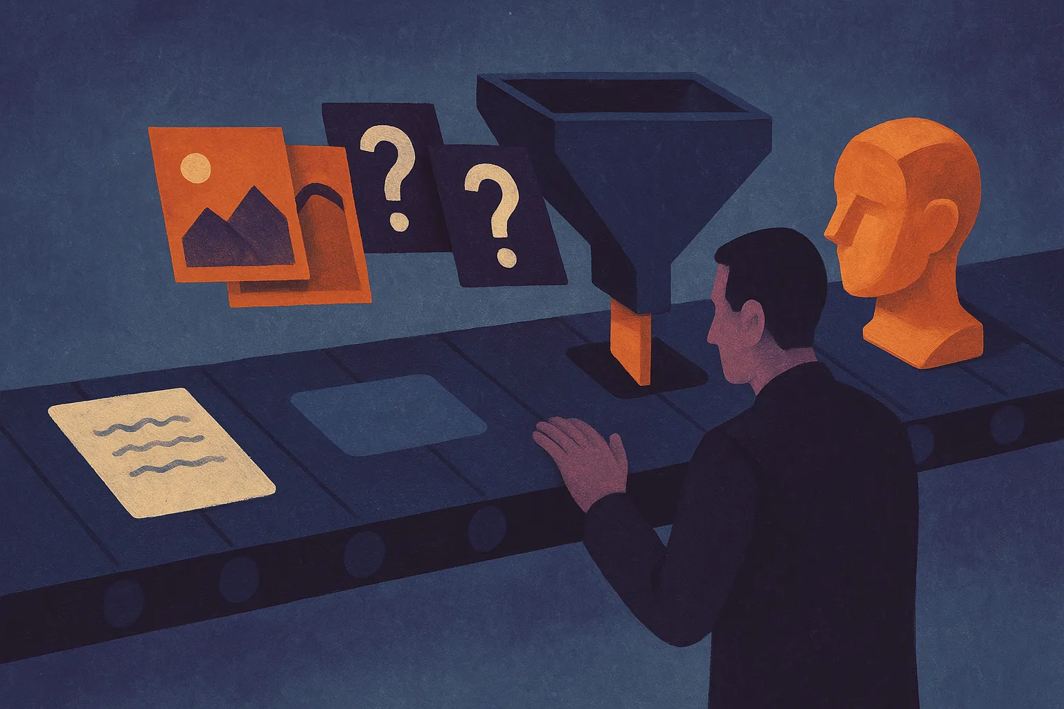 an assembly line where a written task card becomes image variants, question cards, a filter gate, and a human inspection