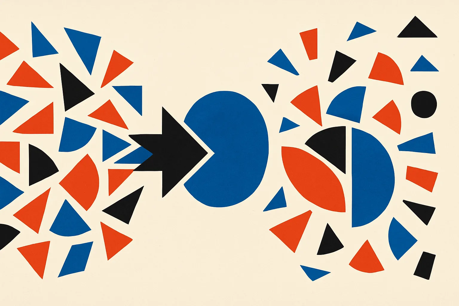 a cluster of similar colored fragments from different examples converging into one shared simple shape, contrasted with 