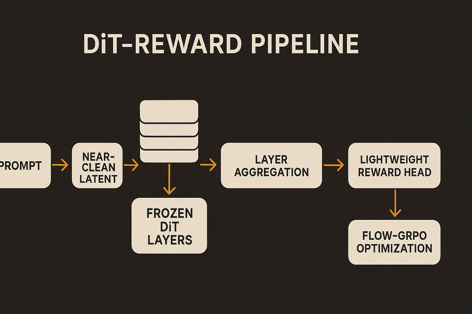 diagram: DiT-Reward pipeline from prompt and near-clean latent through frozen DiT layers, layer aggregation, lightweight