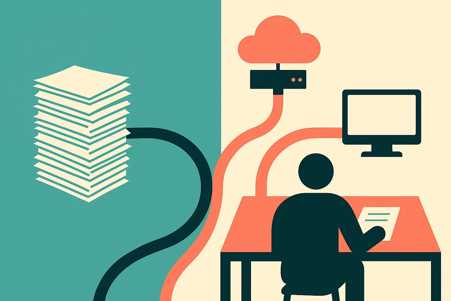two parallel paths from a stack of messy documents, one through a cloud server and one through a local machine, merging 