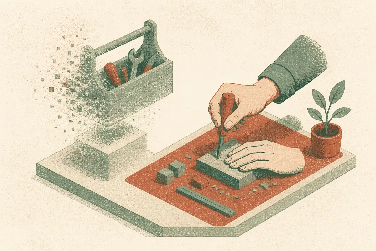 a hand reaching for a tool that fades away, and the same hand working steadily on its own