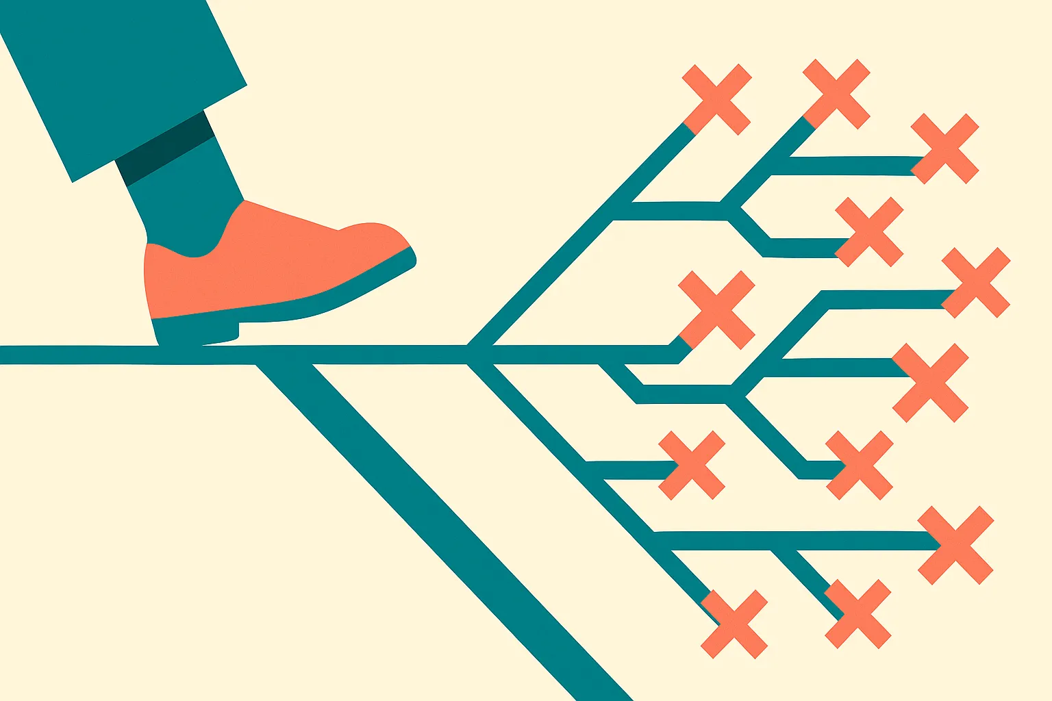 a single misstep near the start of a long branching path cascading into many diverging wrong paths downstream
