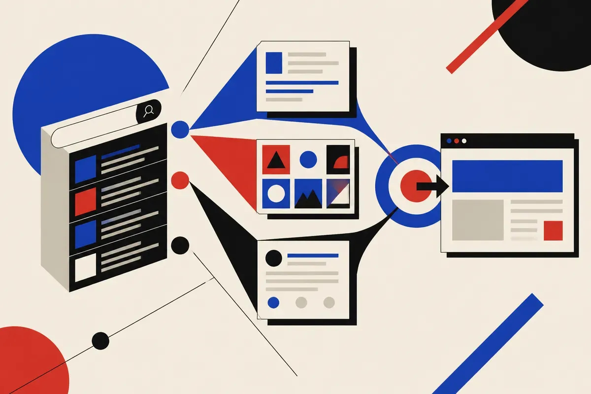 a search results surface splitting into three distinct discovery paths: classic page results, image tiles, and an AI ans