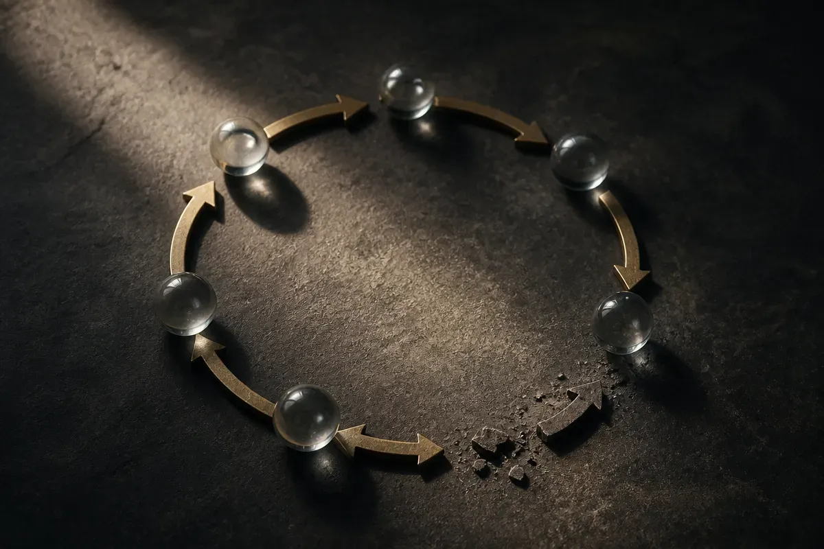 a self-reinforcing circle of people passing work to each other, with one segment of the circle faded and broken