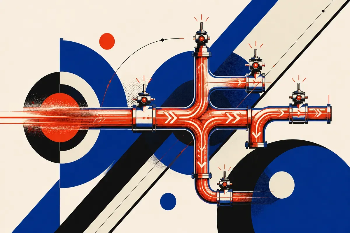 interconnected financial pipes with several small automated valves all reacting at once, causing pressure to surge throu