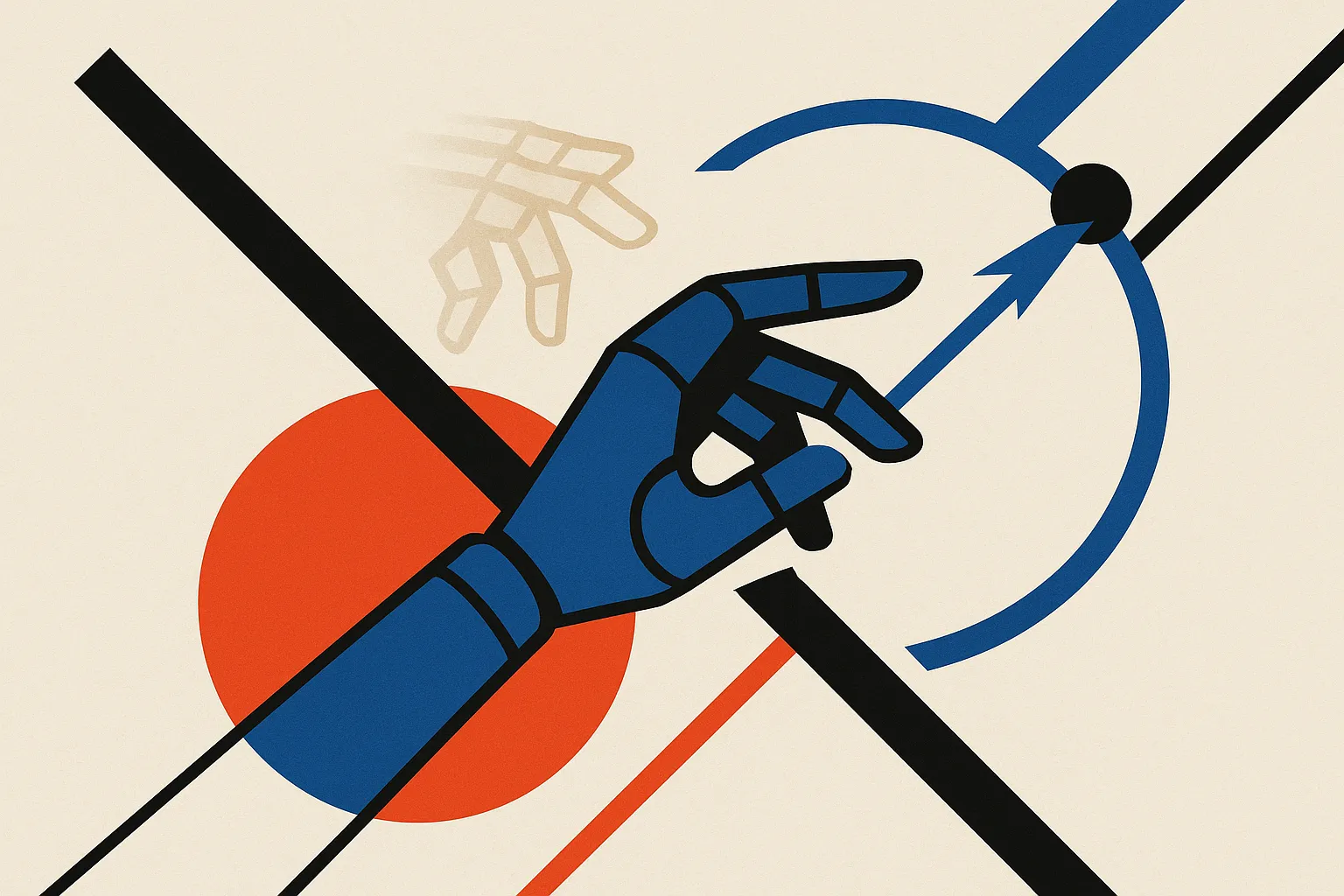 robot hand adjusting its path mid-reach while a fading camera snapshot trails behind it