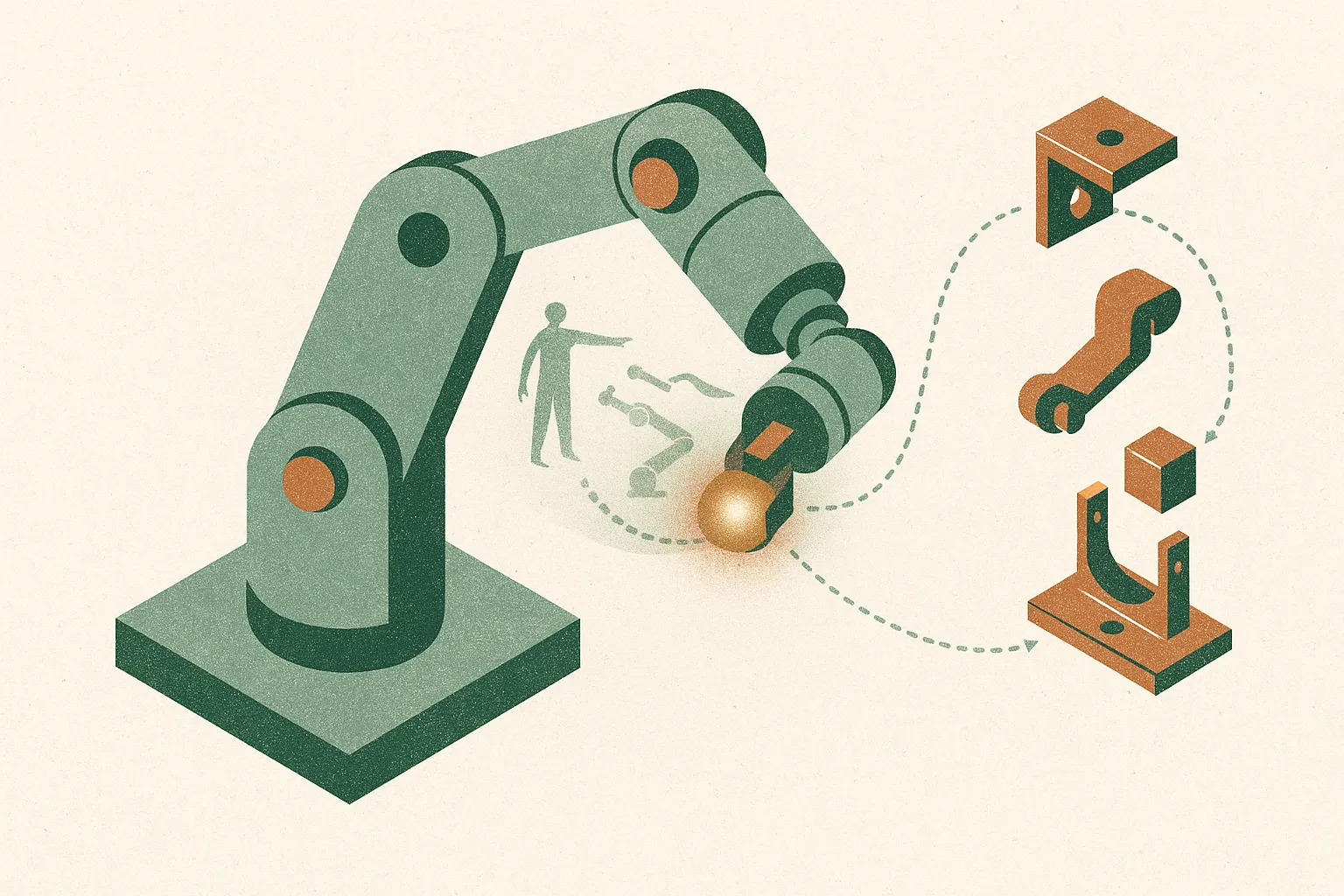 a robot arm observing a faint trail of past human and robot motions being compressed into a small glowing core inside th