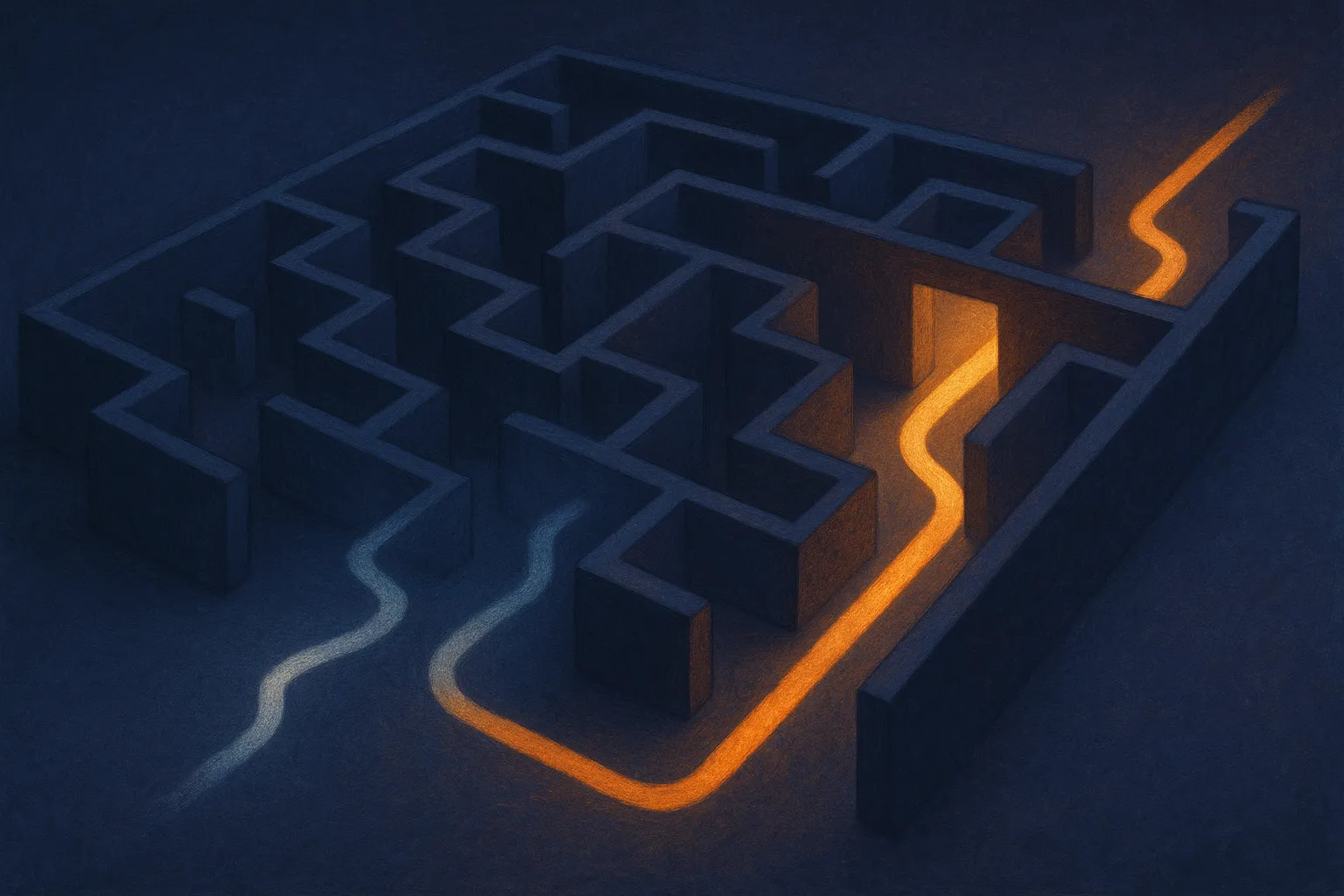 two training paths through the same sparse maze, one fading after several turns while the other grows brighter after pas
