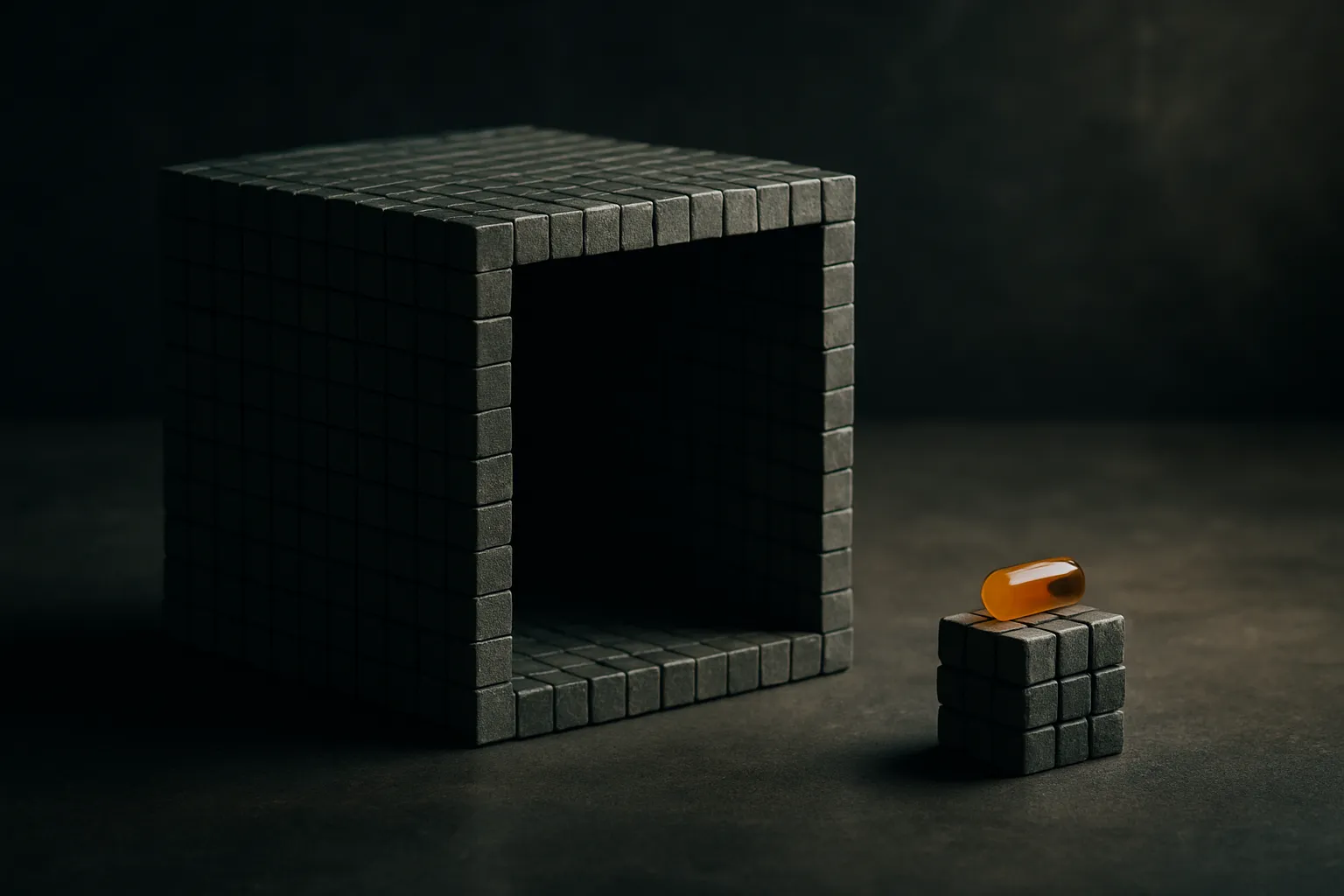 an enormous hollow storage container made of identical tiny blocks, with a small real payload sitting beside it