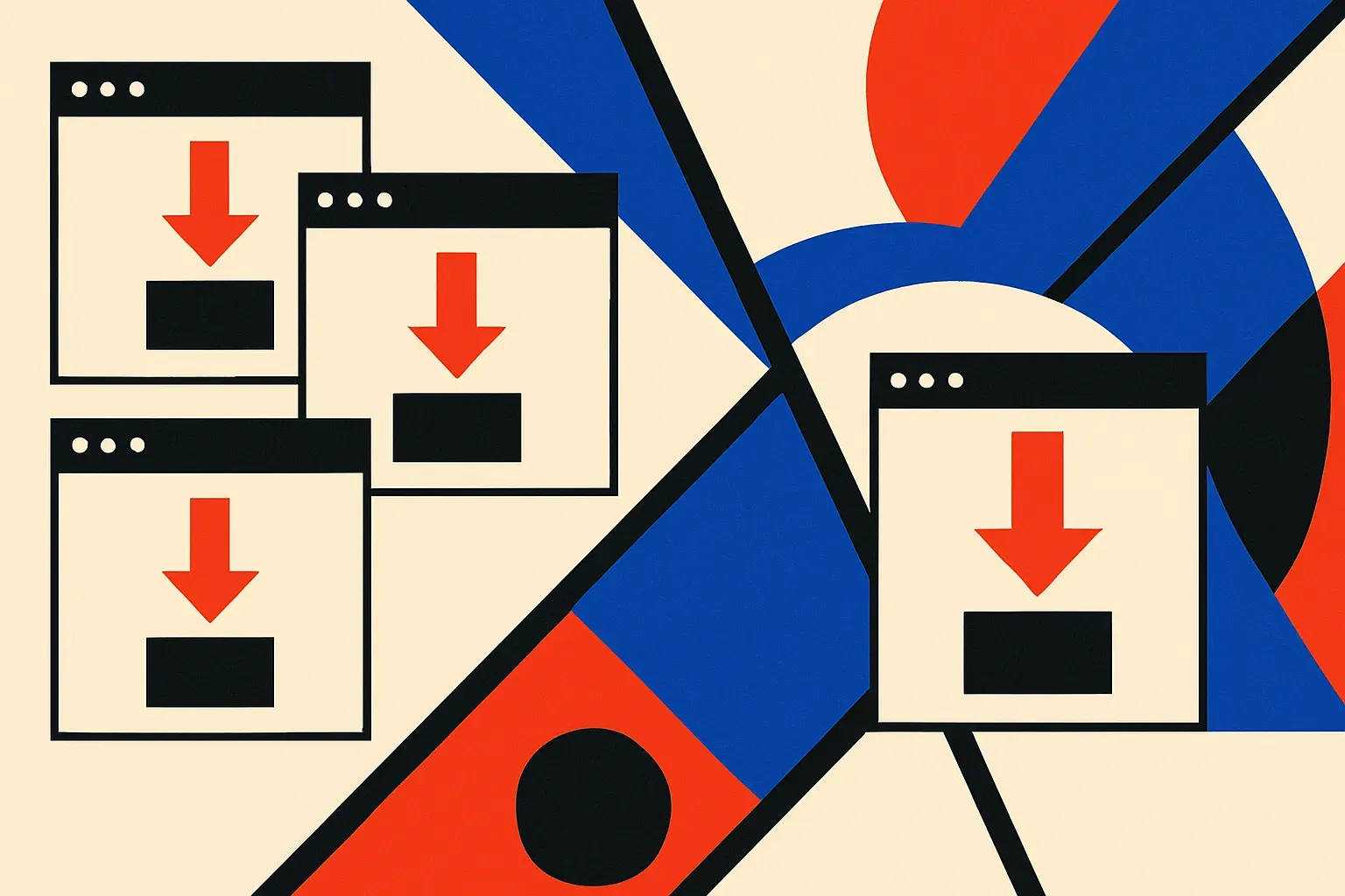 multiple separate browser windows each downloading identical heavy blocks, contrasted with the same windows drawing from