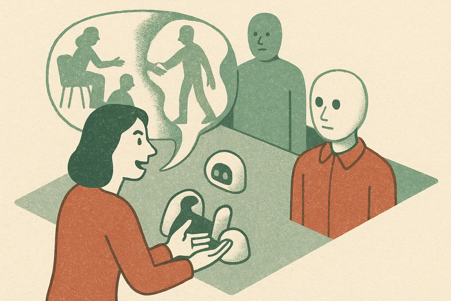 one person retelling a distorted social scene to an assistant while the original hidden motive remains partly obscured b
