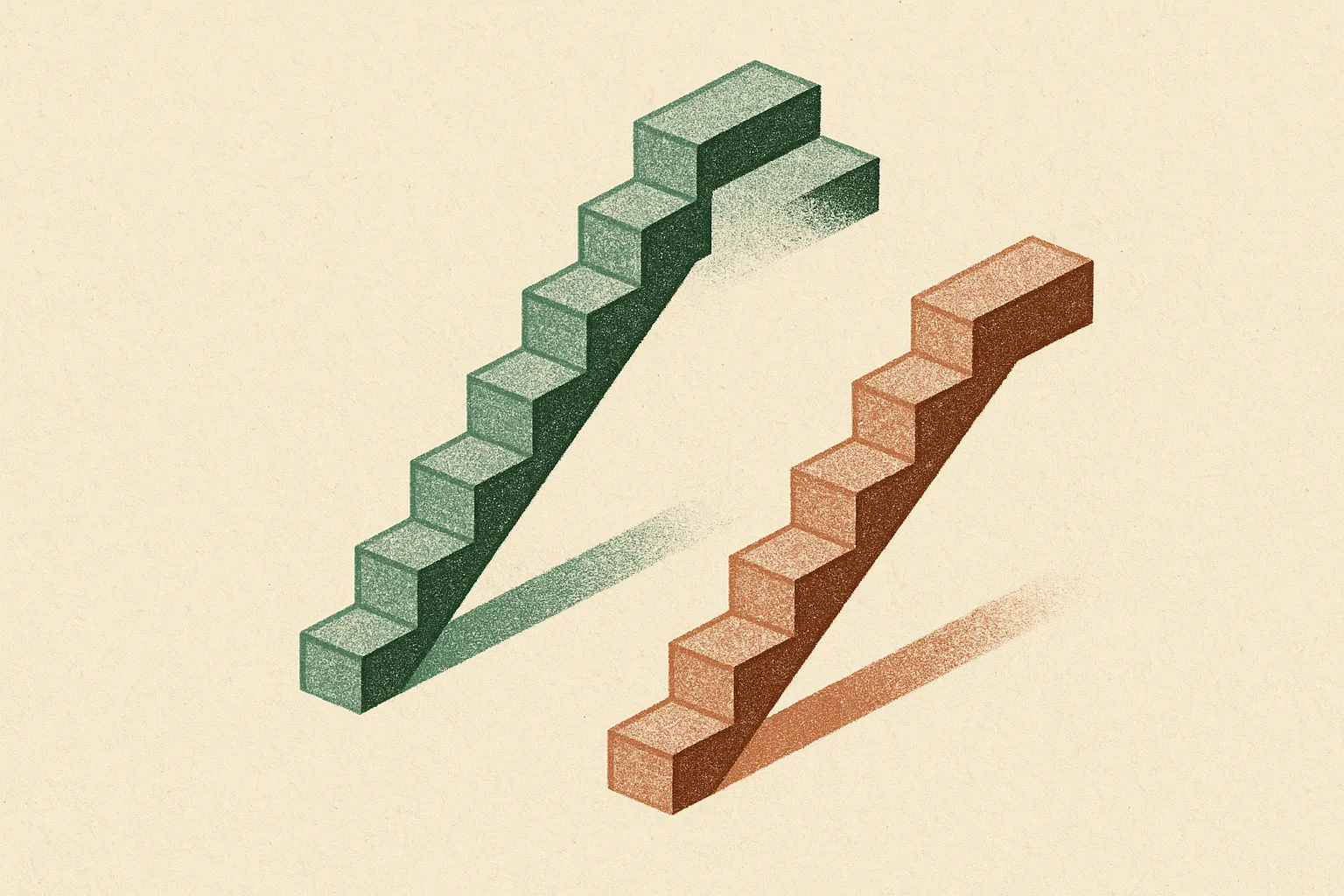 two rising stair-step paths moving upward in parallel, with one path consistently higher than the other