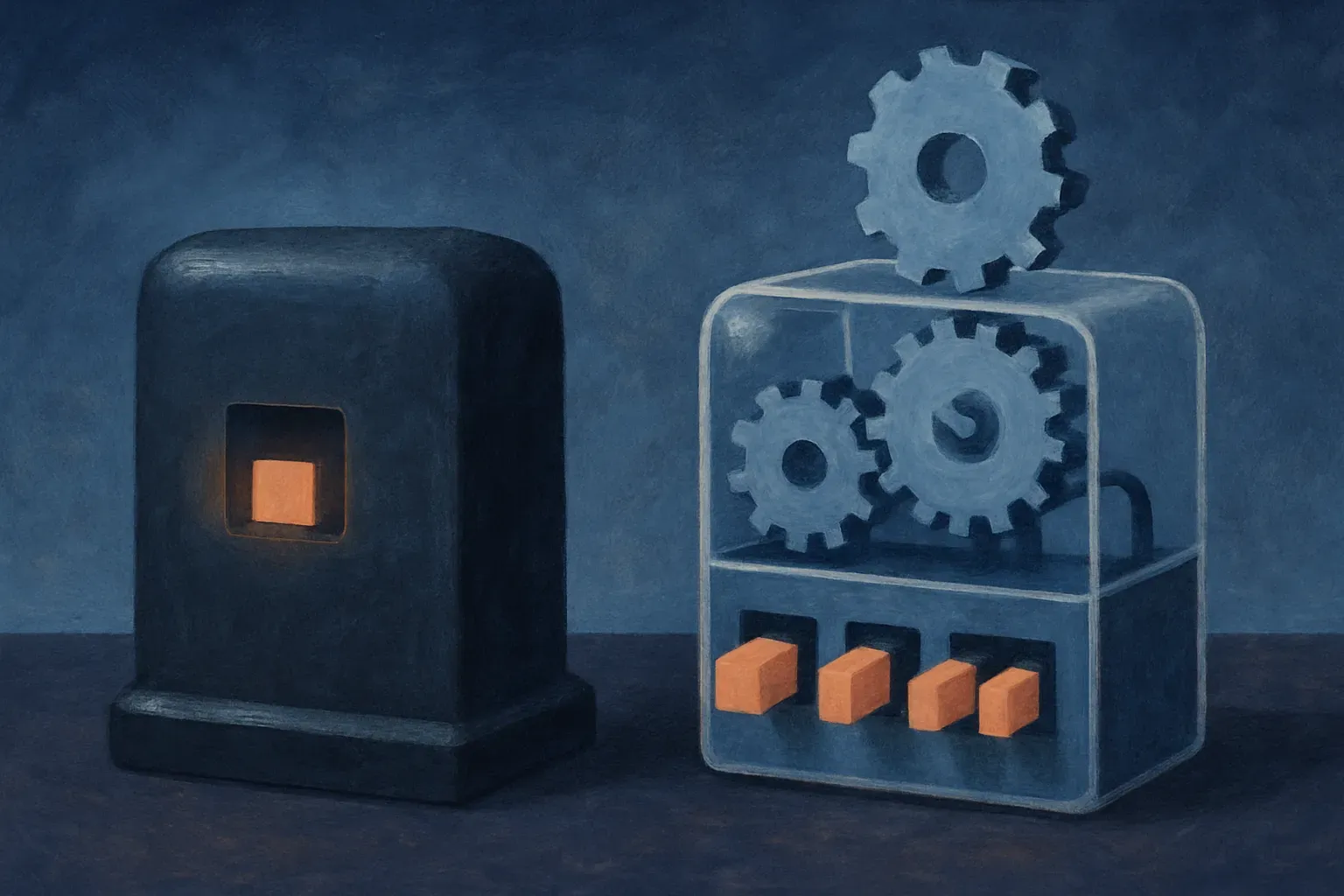 two contrasting machines, one sealed and polished with a single bright output, one transparent with swappable gears feed