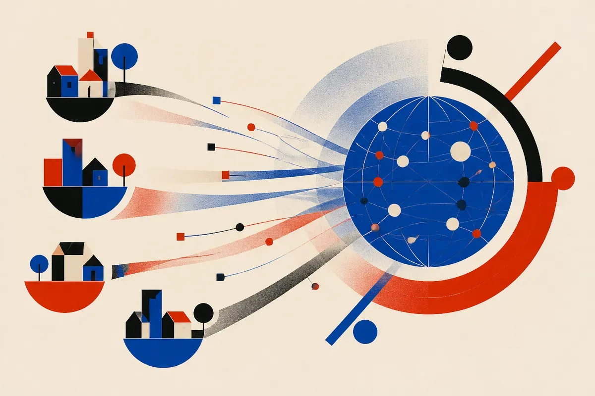 local neighborhoods leaving fading trails that flow into a shared global attention field