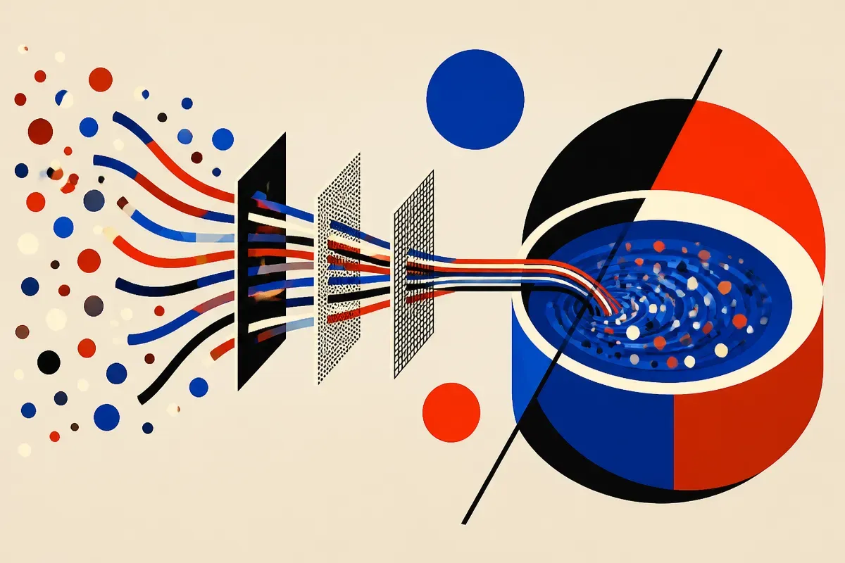 many small language streams passing through filters into a shared training pool