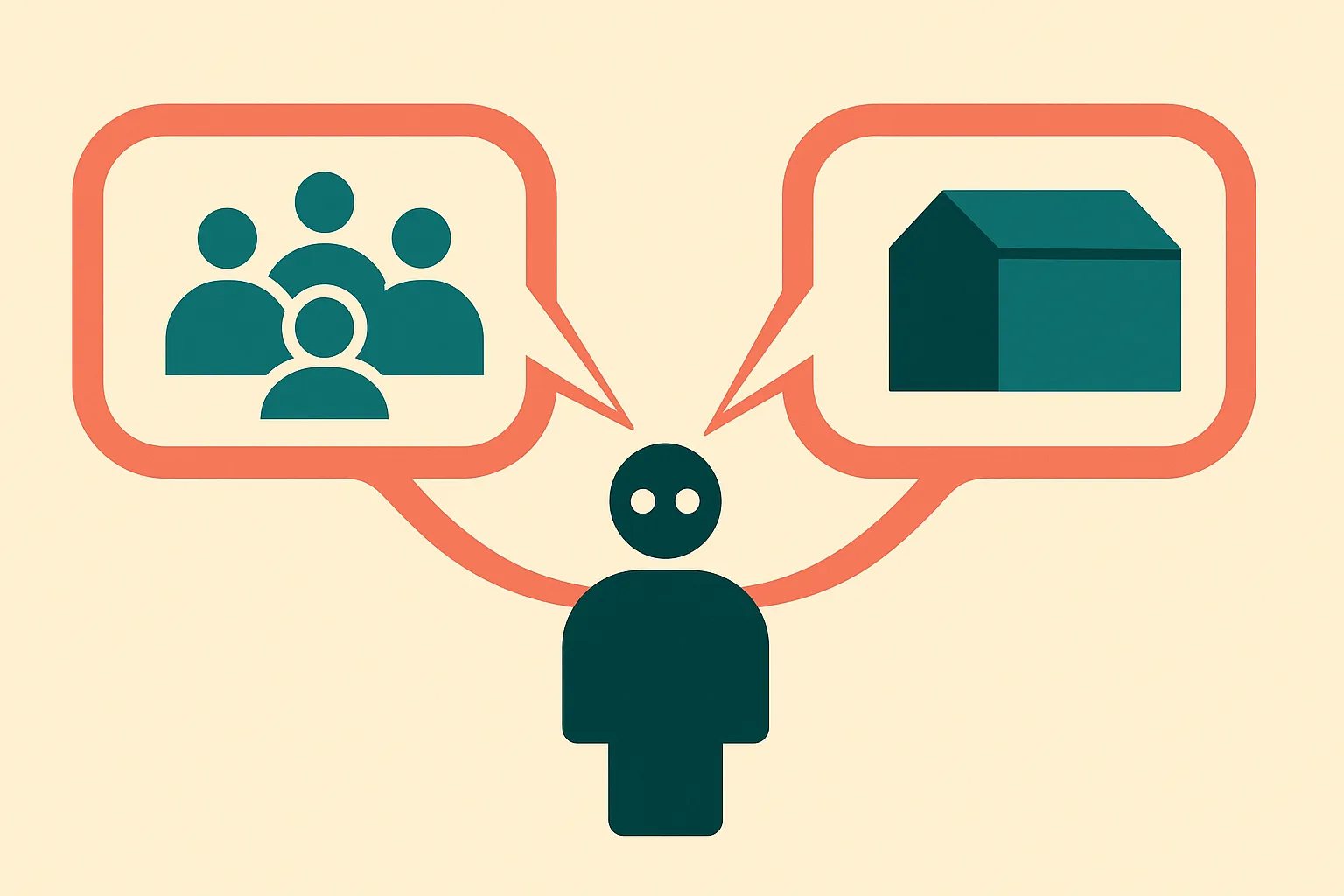 a small agent at the center with two speech streams splitting outward, one moving into an open group setting and one mov