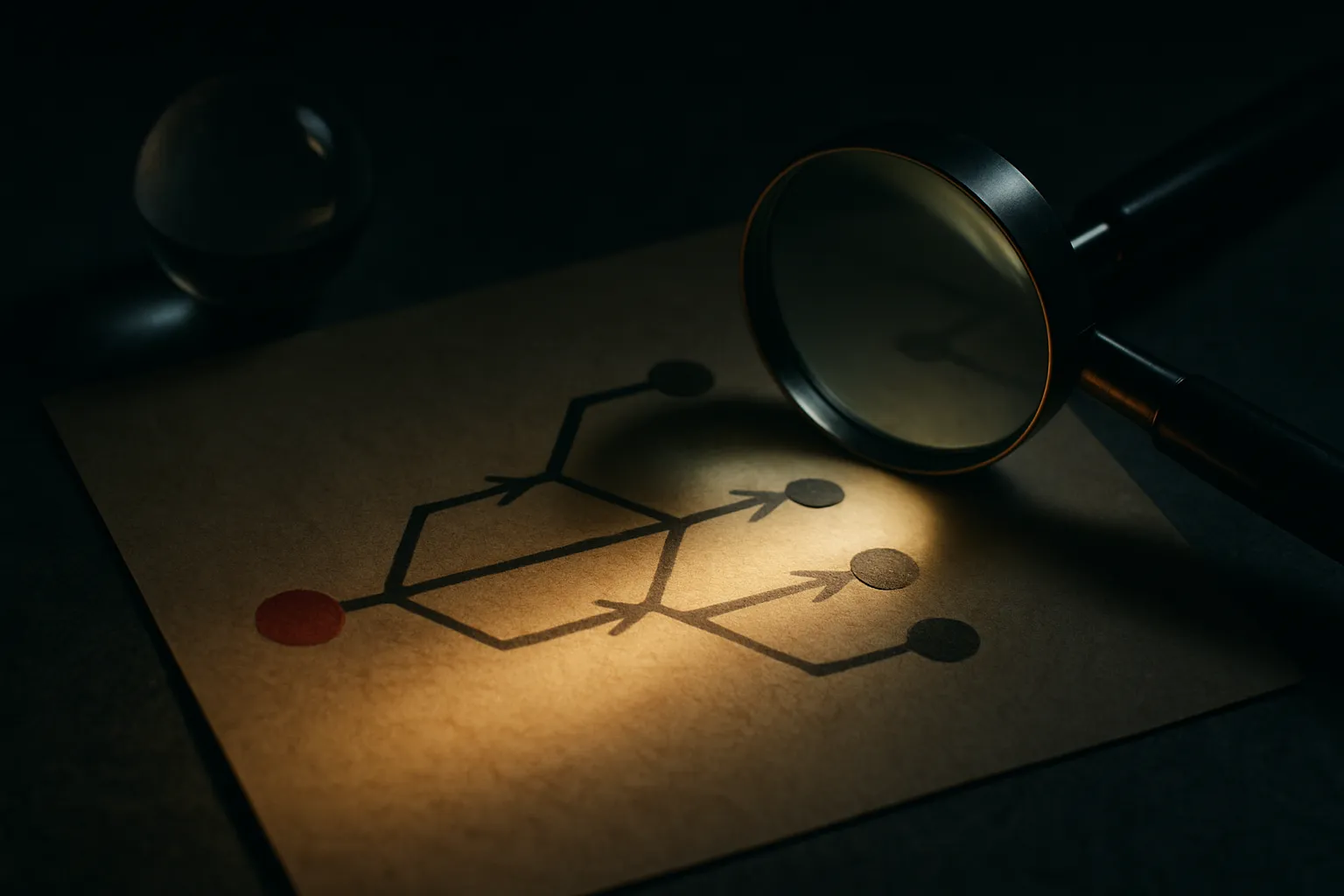 several branching search paths competing for attention, with a moving spotlight shifting toward the most promising branc