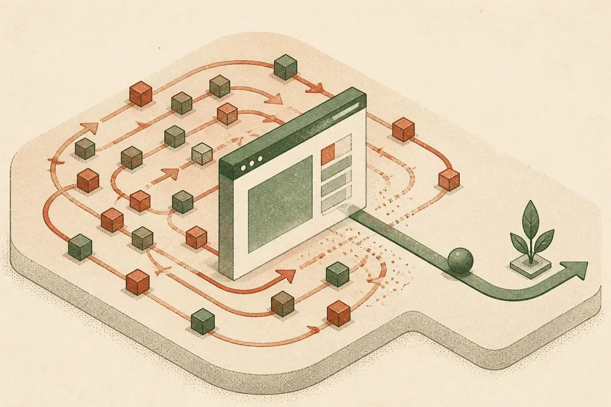 browser window surrounded by repeated action loops that shrink into one cleaner path