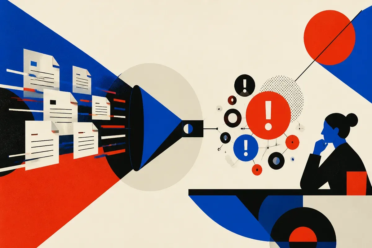 contract pages moving through a review funnel into clustered risk markers beside a human reviewer