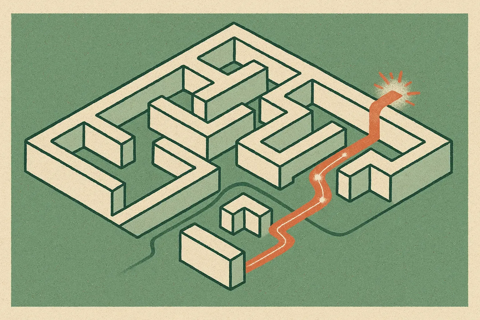 two similar agent paths through a maze, one faint baseline path and one brighter post-trained path, with small glow mark