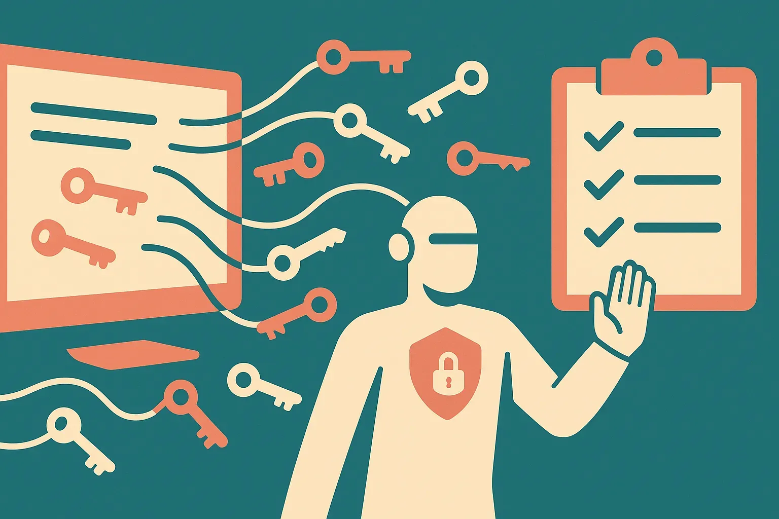 messy registrar screens and scattered keys flowing through a guarded assistant into an orderly transfer checklist