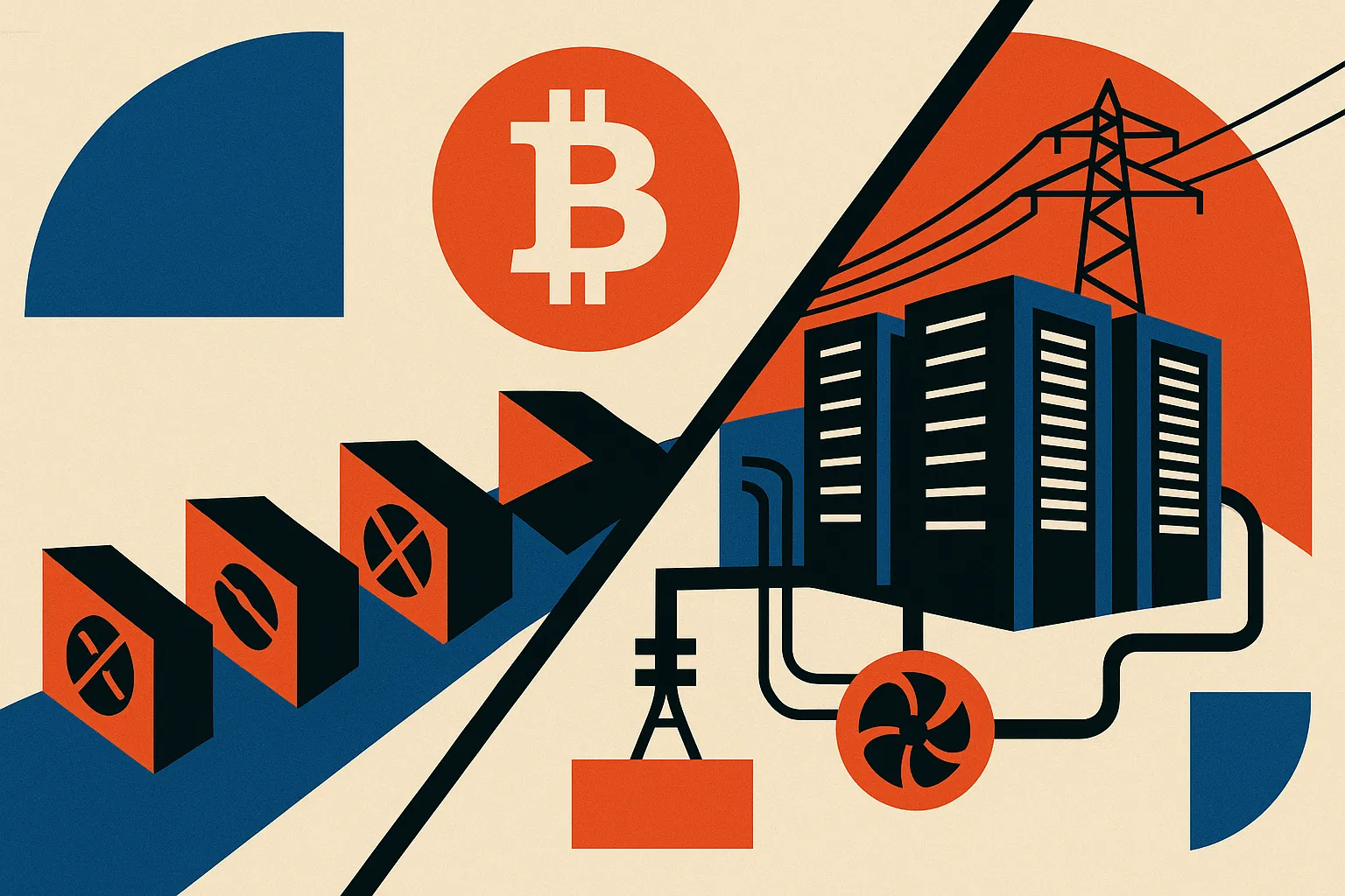 a bitcoin mining site splitting into two physical futures, one side with fading rows of mining rigs, the other with dens