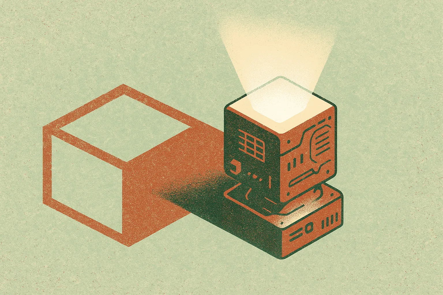 a glowing impressive machine casting a large shadow shaped like an empty box