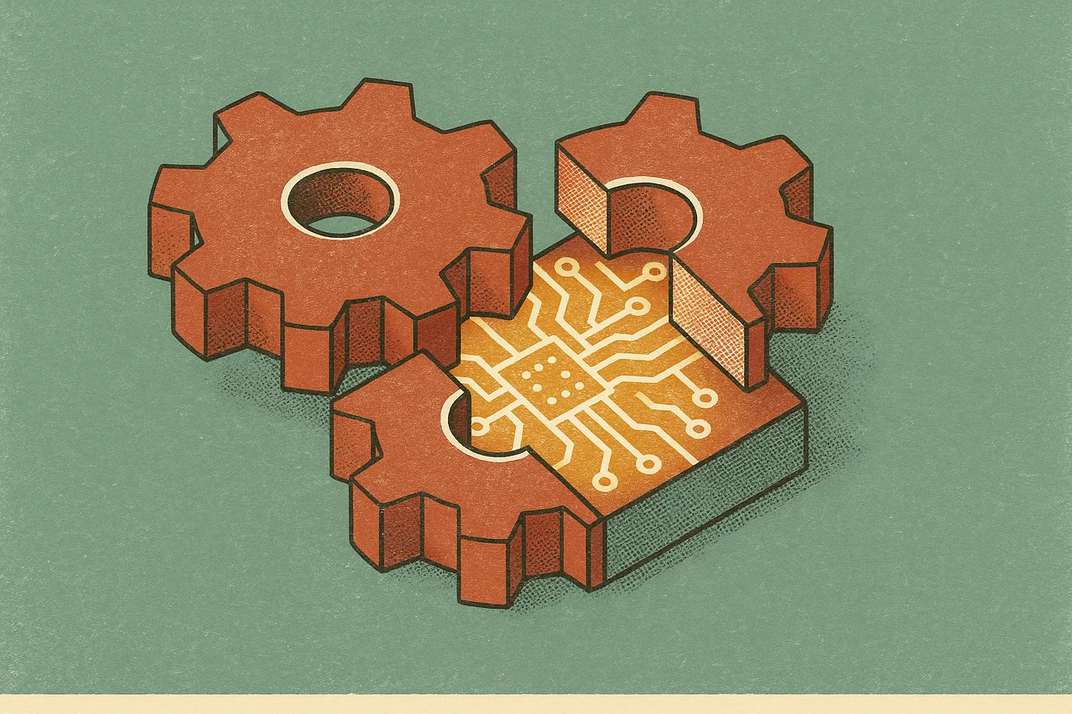 two interlocking mechanical halves sliding slightly out of alignment while a bright internal circuit remains visible