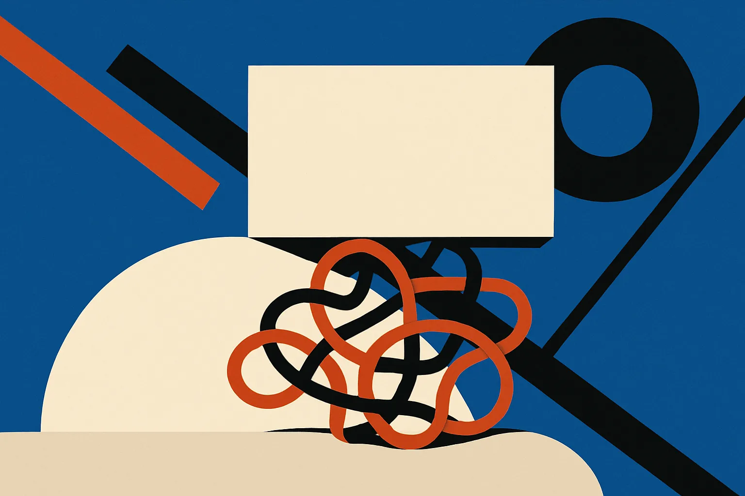 a single clean output resting on top of a tangled, knotted structure hidden beneath a smooth surface
