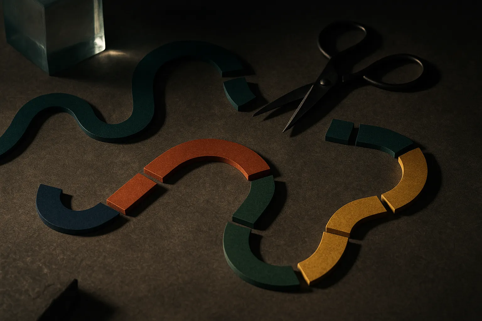 a long continuous winding motion path being cut into several distinct labeled segments, each segment a different color, 