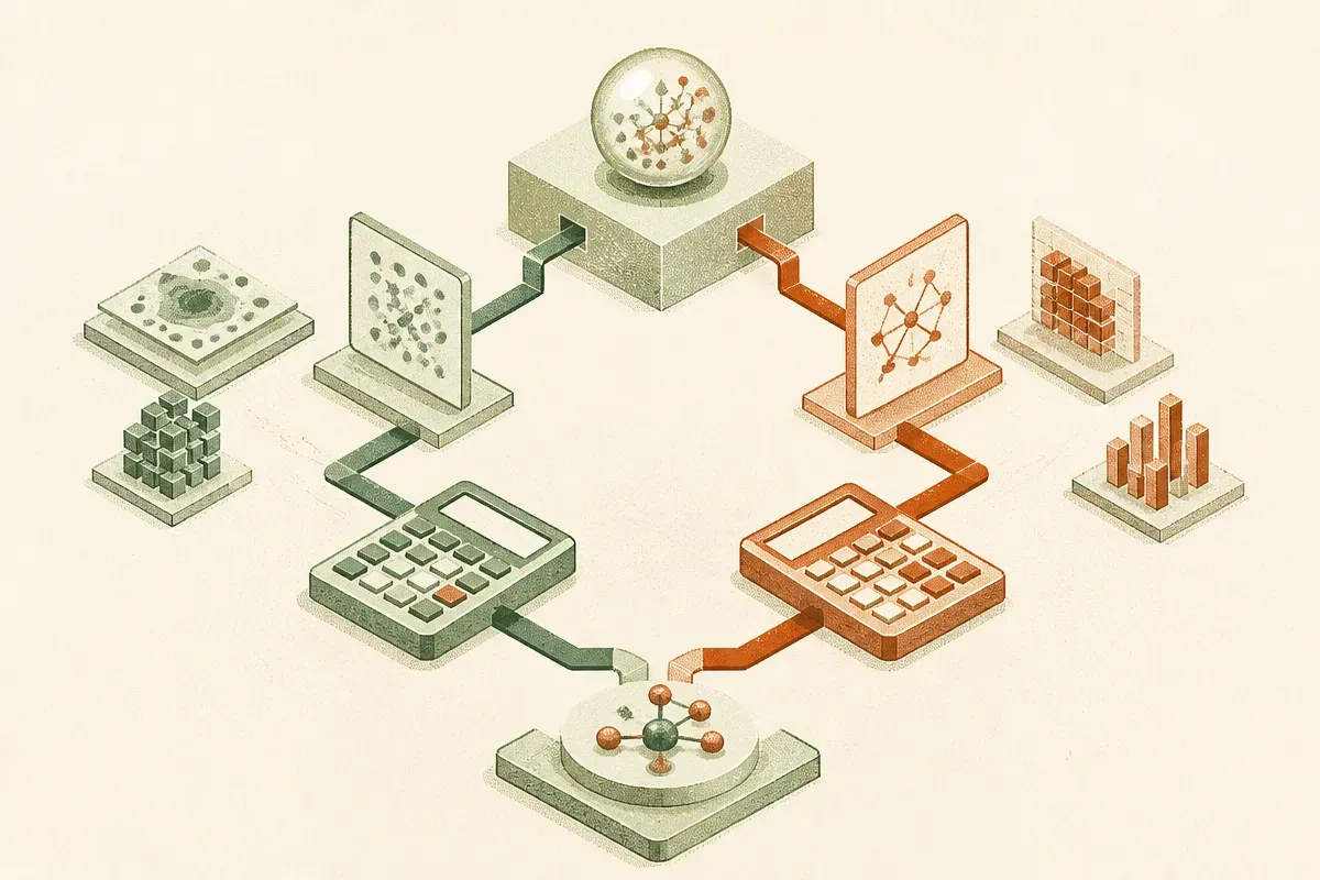 two branching interpretation paths feeding into separate calculators that converge on a final scientific claim